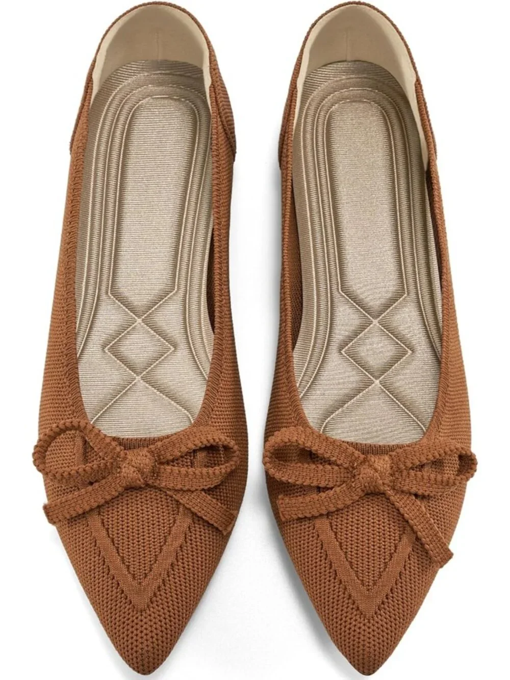 Women's Brown Ballet Flats Shoes Dressy Pointed Toe Bow Knit Flats Comfortable